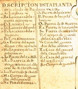 Lam. 3.B; Detalle de la leyenda del plano de Badajoz de 1645. Con la letra F se indican los almacenes.