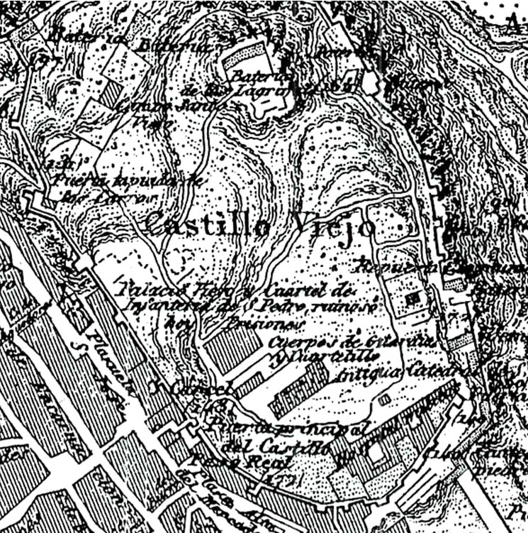 Lámina 7. Detalle del “Castillo Viejo” en el plano de Badajoz de Coello de 1853.