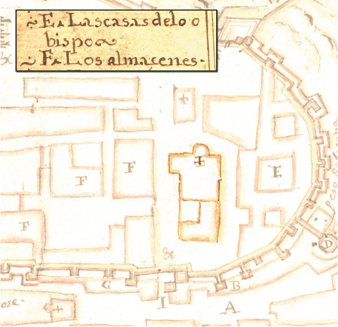 Lámina 2. Detalle de la Iglesia de Santa María del Castillo y sus casas anexas en el plano anónimo del Archivo Militar de Estocolmo. Hacia 1645.