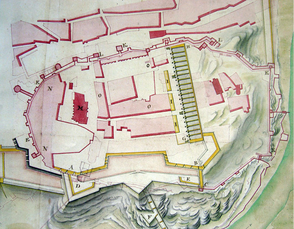 Lámina 4. Detalle del plano de Ignacio de Salas de 1739. Con la letra O indica las "Casas de particulares que presentemente sirven de Almazenes y Quarteles