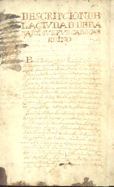 Página inicial de Descripción de la Ciudad de Badajoz. Real Academia Española. Madrid.