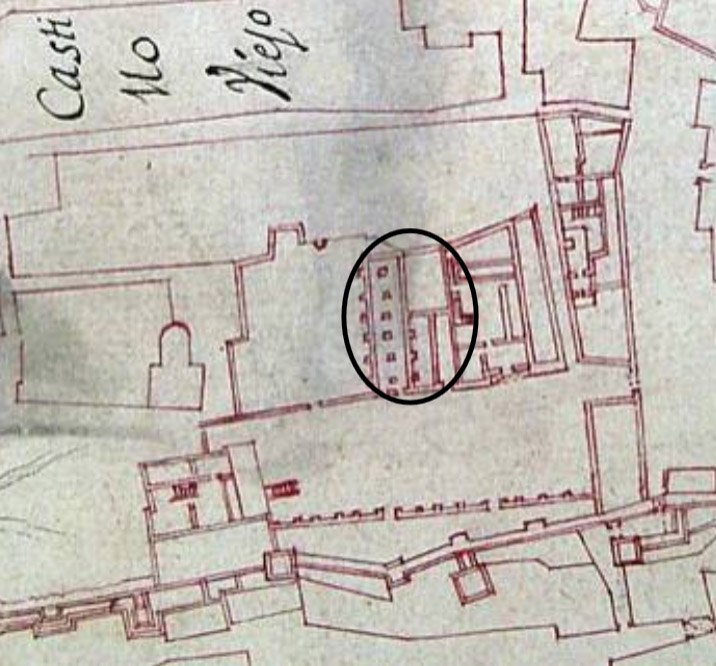 Lámina 1. Plano de Diego de Bordick de 1735. En el círculo, las casas anexas a la casa fuerte.