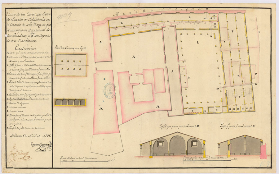 Lámina 11. Plano de Cuartel de Infantería del Castillo, de Cayetano Zappino. 1798.